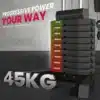Jõusaali jõujaam 45kg raskusega koduseks treeninguks | E-pood Tootemaailm Jõusaali jõujaama 45kg raskusega koduseks treeninguks kaalud, seadistus hallil taustal. Erineva värviga tähistatud tasemed vahemikus 5kg kuni 45kg.