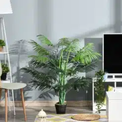Kunstpalm 125 cm potis, suur dekoratiivtaim elutuppa, rohelised lehed ja must pott, asetatud kaasaegsesse heledasse elutuppa.