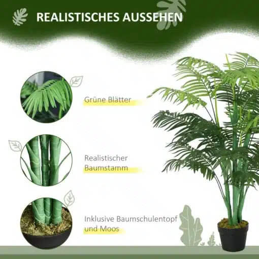 Kunstpalm 125 cm potis, suur dekoratiivtaim elutuppa | E-pood Tootemaailm Kunstpalm kõrgusega 125 cm mustas potis, roheliste lehtede ja realistliku tüvega, asetatud toa nurka siseruumide dekoratsiooniks.
