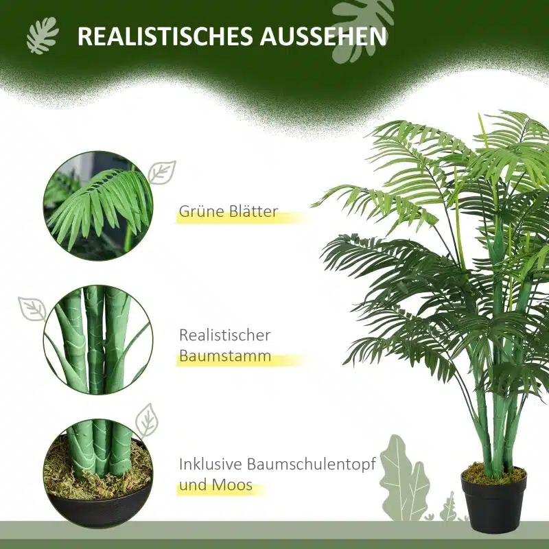 Kunstpalm 125 cm potis, rohelised lehed ja realistlik tüvi, plastist potis, rohelise samblaga elutoa dekoratiivtaim.