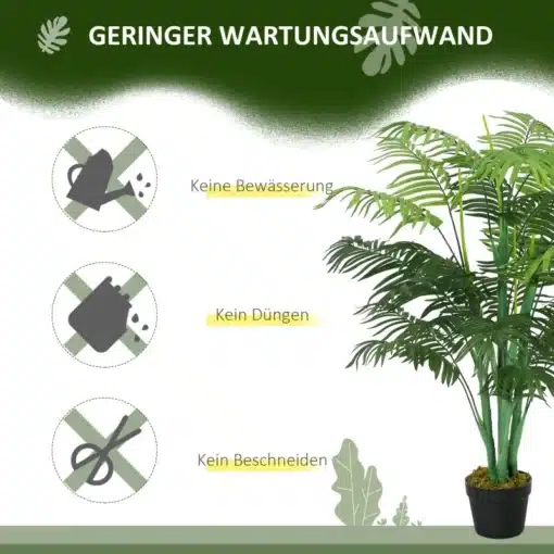 Kunstpalm 125 cm potis, suur dekoratiivtaim elutuppa | E-pood Tootemaailm Dekoratiivset kunstpalmi, 125 cm kõrge, on kujutatud potis rohelise taustal, rõhutades selle hooldusvabadust kolme ikooniga, mis näitavad mugavust nagu kastmise, väetamise ja kärpimise vajaduse puudumist.