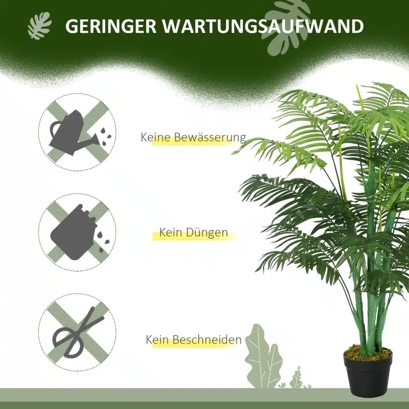 Kunstpalm 125 cm potis, roheline dekoratiivtaim mustas potis, taustal hooldusnõudeid sümboliseerivad ikoonid, elutoa sisekujunduseks.