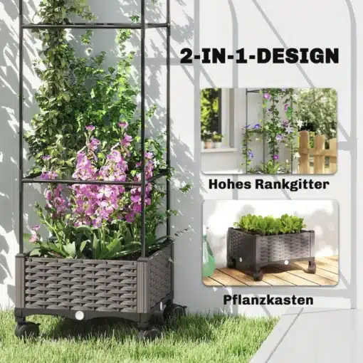 Kõrge aiakast trellisega ratastel, äravooluavaga 40x40x185 | E-pood Tootemaailm Kõrge aiakast trellisega ratastel, äravooluavaga 40x40x185. Pildil on musta värvi aiakast rikkalikult kasvavate roheliste taimede ja lillade õitega. Kasti rattad paistavad rohelisel murul, kast toetub helehallile seinale. Üleval trellise osa toimib taimedele toena.