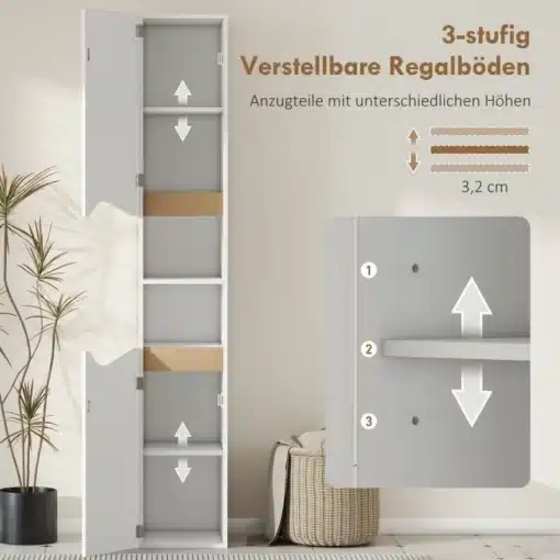 Vannitoakapp kitsas valge 2 ukse ja avatud riiulitega | E-pood Tootemaailm Vannitoakapp kitsas valge, millel on 2 ust ja avatud riiulid. Taustal on heledad seinad ja taim. Kapp on minimalistlik ja ruumi säästev, sobib ideaalselt kaasaegsesse vannituppa.