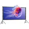Projektoriekraan 100" 4K kahepoolne kokkupandav statiiviga | E-pood Tootemaailm Projektoriekraan 100-tolline 4K kahepoolne, sinisel taustal, kokkupandav statiiviga, graafilise mustriga esipaneel.