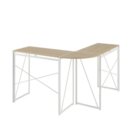 Nurgakujuline arvutilaud kodukontorisse hele puit, valgete metallist jalgadega, minimalistlik disain.