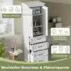 Vannitoakapp MDF-ist, 3 sahtlit, reguleeritavad riiulid | E-pood Tootemaailm Valge vannitoakapp MDF-ist koos kolme sahtli ja reguleeritavate riiulitega, millel on avatud uksed ja sahtlid, täidetud tualetitarvetega. Kapp seisab kaasaegses vannitoas, neutraalsete värvidega seinte taustal.