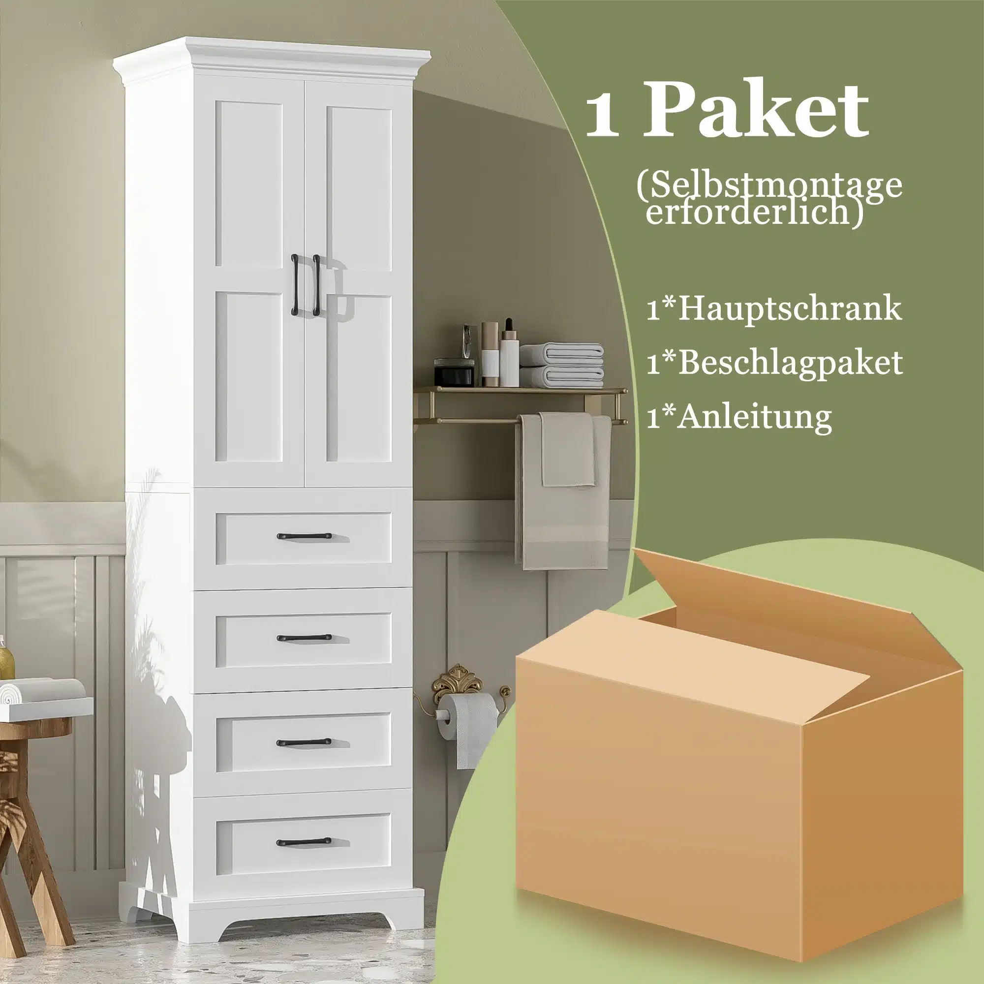 Valge MDF-ist vannitoakapp kolme sahtliga, millel on reguleeritavad riiulid, elegantne ja stiilne disain sobib igasse kaasaegsesse vannituppa. Taustaks pastelne sein ja dekoratiivsed elemendid.