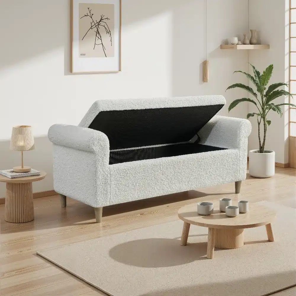 Heledast kangast skandinaavia stiilis ottoman, mille tõstetav panipaik on avatud ja asub modernses elutoas, millel on puittalad ja minimalistlik sisustus.