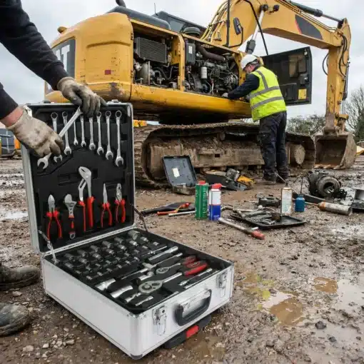 Tööriistakomplekt ratastega kastis 4 sahtliga 899 osa | E-pood Tootemaailm Mehaanik kasutab tööriistakomplekti ratastega kastis, mis sisaldab 899 osa ja 4 sahtlit, töötab kollases ekskavaatoris avatud mootoriruumi juures. Maapind on mudane ja taustal on teine mehaanik helkurvesti ja valge kiivriga.