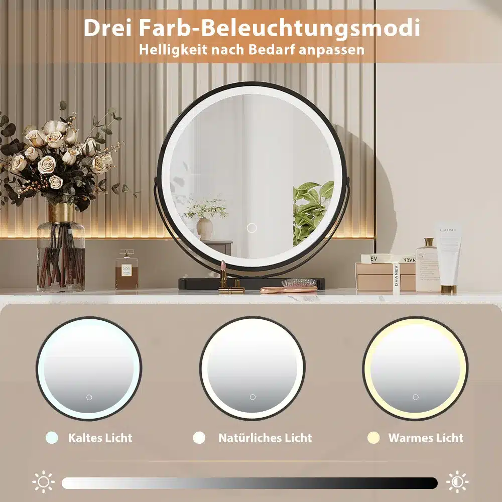 Tualettlaud LED-peegli ja marmorplaadiga magamistuppa, mille peegel on ümmargune ja ümbritsetud LED-valgustusega. Erinevad valgustuse režiimid, lilled ja kosmeetikatarbed kaunistavad laua marmorist pinda modernses magamistoas.