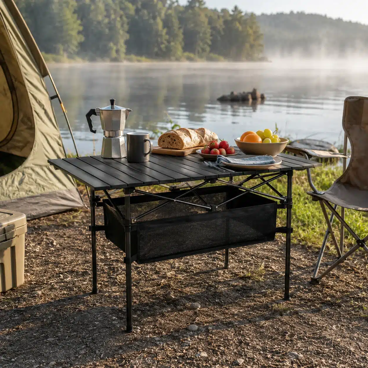 Kokkupandav matkalaud 120x55cm kerge hoiukotiga, millel on mustast materjalist pind ja tugevad metallist jalad, asub järveäärsel puhkekohal. Laual on kohvimasin, kruus, puuviljakauss ja lõigatud leib.