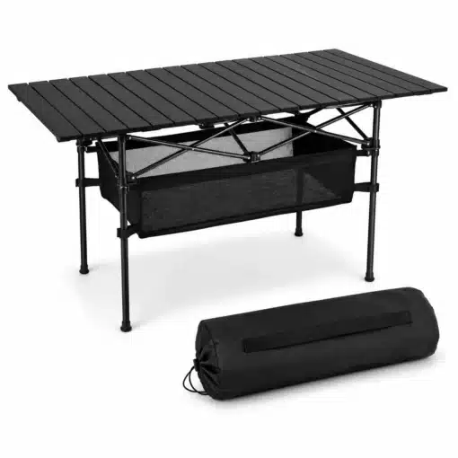 Kokkupandav matkalaud 120x55cm kerge hoiukotiga | E-pood Tootemaailm Kokkupandav matkalaud musta värvi, mõõtmetega 120x55cm, koos kerge ja praktilise hoiukotiga valgel taustal. Laua pealmine osa on ribikujuline, jalad on tugevast metallist, sobiv kasutamiseks õues.