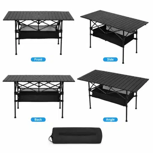 Kokkupandav matkalaud 120x55cm kerge hoiukotiga | E-pood Tootemaailm Kokkupandav matkalaud 120x55cm mustast metallist, millel on ergonoomiline raam ja praktiline hoiukott. Laua all on võrkriie väikeste esemete hoidmiseks. Tugev ja vastupidav laud sobib matkamiseks ja telkimiseks erinevates välitingimustes.