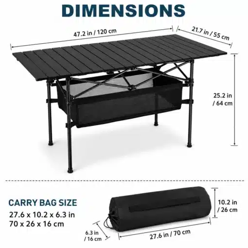 Kokkupandav matkalaud 120x55cm kerge hoiukotiga | E-pood Tootemaailm Kokkupandav matkalaud 120x55cm koos kerge ja kompaktse hoiukotiga, musta värvi, metallist jalad ja vastupidav pealispind. Laud mõõdetega 120x55 cm sobib ideaalselt välitingimustes kasutamiseks.