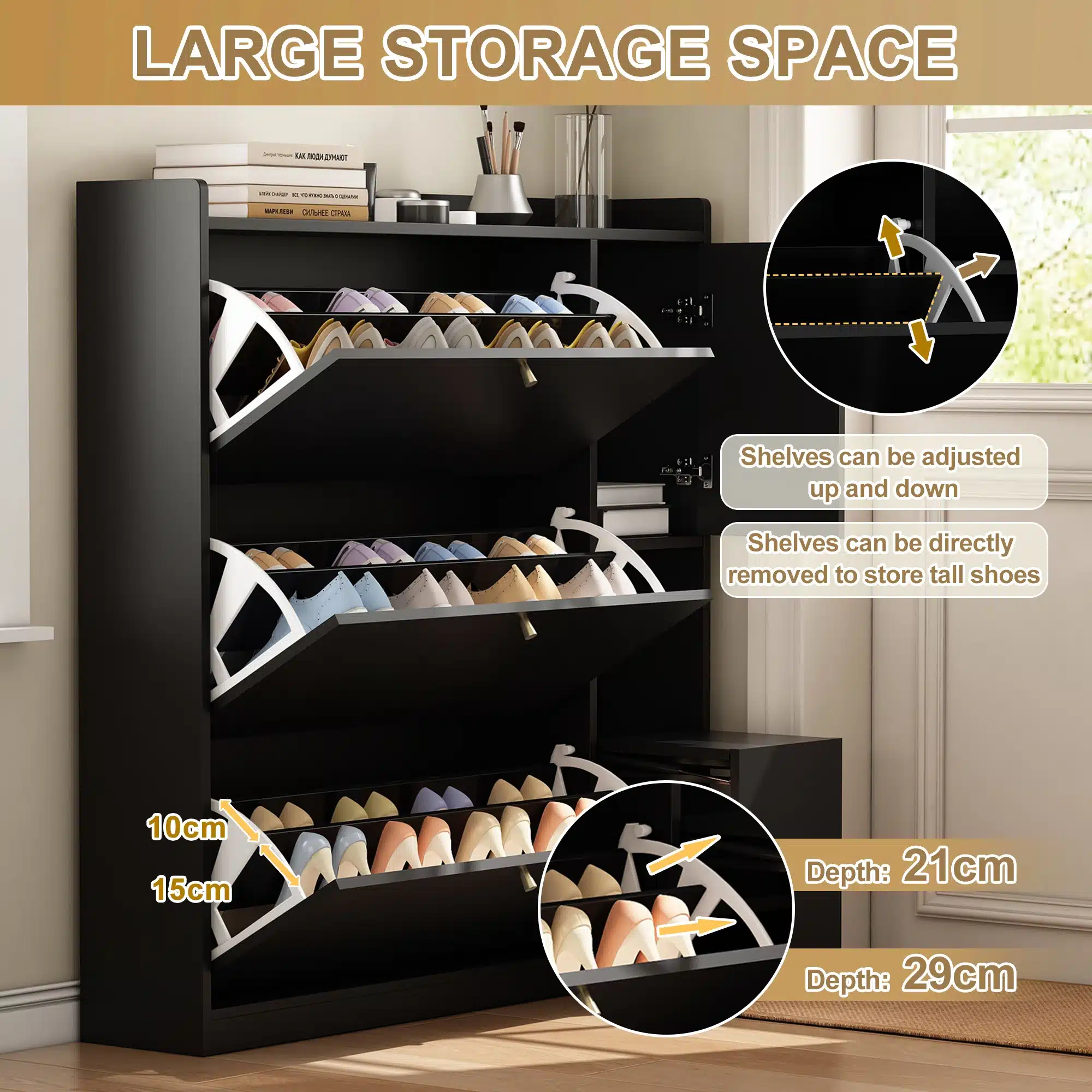 Must jalatsikapp kolme klapiga, istumispingiga, suurusega 119x24x122 cm, täidetud erinevat värvi kingadega. Kapp asub valgusküllases ruumis ja selle peal on dekoratiivsed esemed.