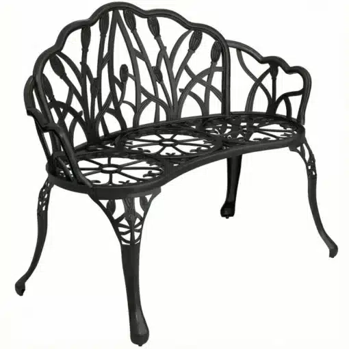 Ilmastikukindel alumiiniumist aiapink | E-pood Tootemaailm Ilmastikukindel alumiiniumist aiapink musta värvi, elegantse lehemustrilise seljatoega, asub neutraalsel taustal, valmis kaunistama igat aeda.