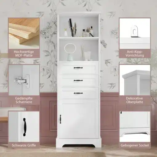 Vannitoakapp kolme sahtliga, reguleeritavad riiulid, valge | E-pood Tootemaailm Elegantne valge vannitoakapp kolme sahtliga, reguleeritavate riiulitega, mis on valmistatud kvaliteetsest MDF-plaadist. Kapil on mustad käepidemed ja anti-kipp mehhanism. Disainitud dekoratiivse ülaplaadi ja kaarjate jalgadega sobituma igasse kaasaegsesse vannituppa.