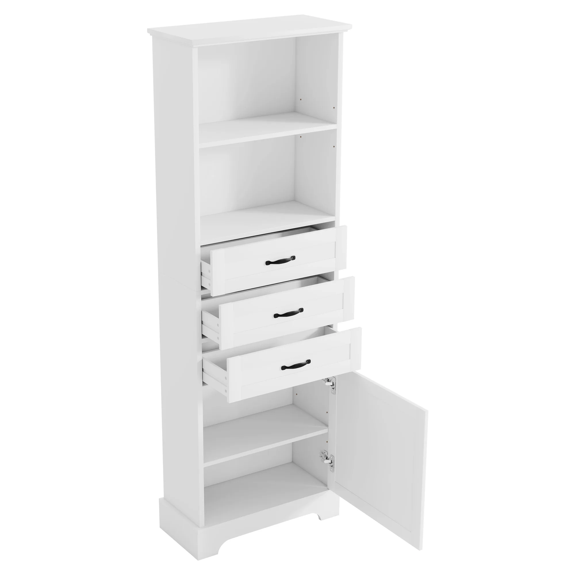 Valge vannitoakapp kolme sahtliga avatud eesvaates, reguleeritavad riiulid ja puhas, minimalistlik disain.