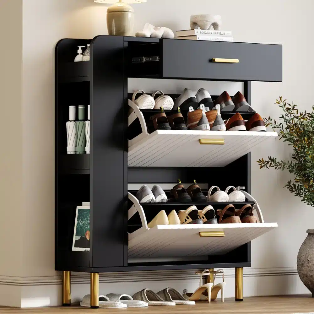 Stiilne kingariiul, kitsas ja must-valge, 80 cm lai, kahel klapil ja kolmel avatud osal, hoiab jalanõud korrastatult. Kaasaegne disain, metallist ja puidust elemendid, elegantsete kuldsete detailidega.