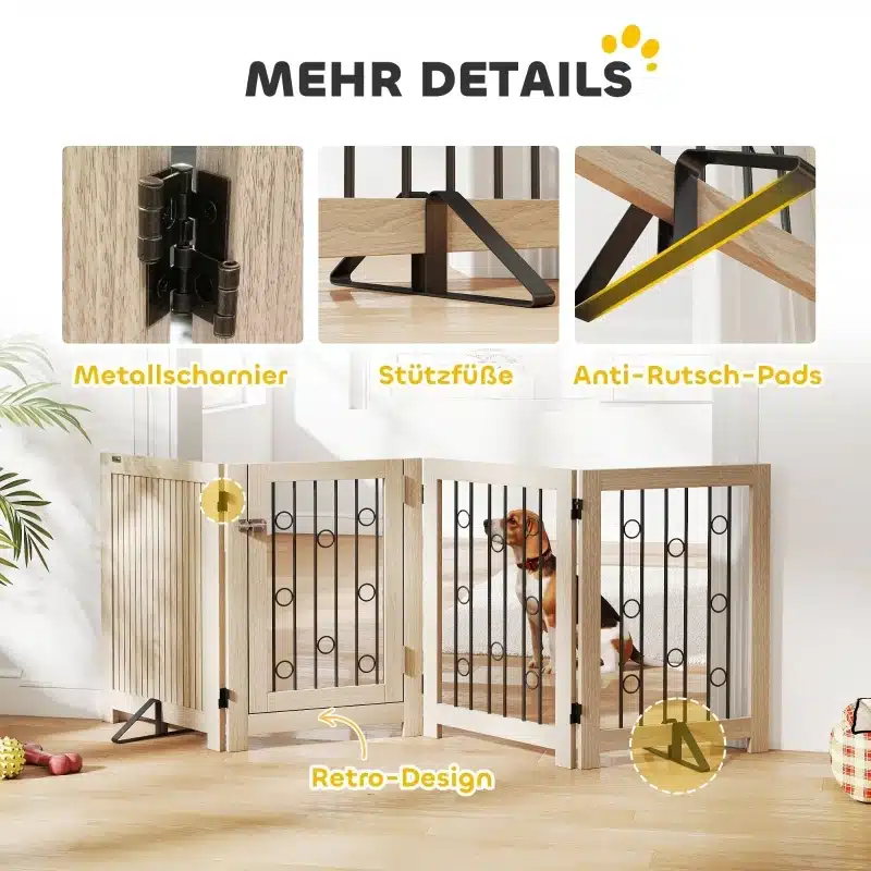 Lemmiklooma värav uksega koosneb neljast MDF ja terasest paneelist, esiplaanil koer, metallist hinged, toestusjalad ja libisemisvastased padjad.