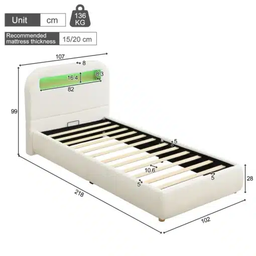 Disain voodi panipaigaga , LED-valgustusega 90x200 | E-pood Tootemaailm Valge disainvoodi koos panipaigaga mõõtmetega 90x200 cm. Voodil on sisse ehitatud LED-valgustus ja see sobib ideaalselt kaasaegsesse magamistuppa. Pildil on toodud detailmõõdud nii voodi kui ka soovitatava madratsi kohta.