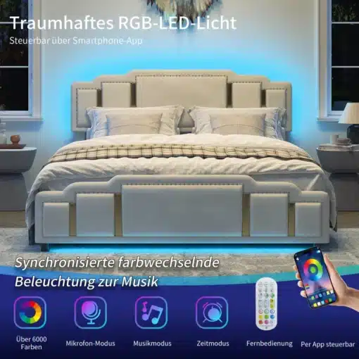 Kaheinimesevoodi sametist, beez, kuldse raamiga, 140x200 | E-pood Tootemaailm Luksuslik kaheinimesevoodi sametist, beez, kuldse raamiga, suuruses 140x200, mille peats on valgustatud RGB-LED tuledega. Voodi asub stiilses magamistoas, kus on sinakas valgus üle toa hajumas.