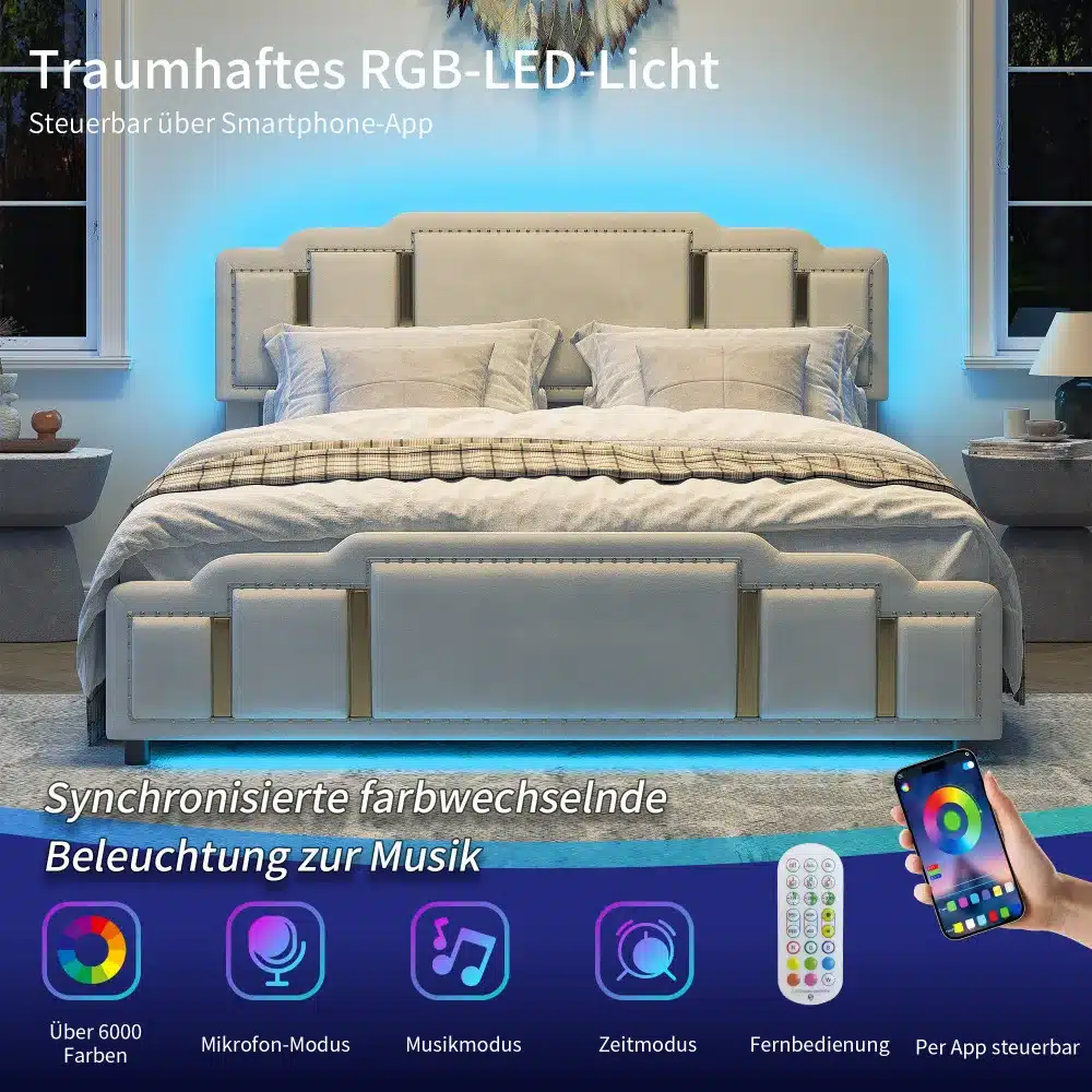 Kaheinimesevoodi sametist, beez, kuldse raamiga, 140x200, millel on elegantne disain ja kaasaegne RGB-LED valgustus ning juhtimisvõimalus nutiseadmega.