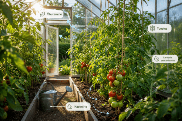 Tomatite hooldus kasvuhoones ilma paanikata | E-pood Tootemaailm Hooldatud tomatitaimed Eesti kodukasvuhoones