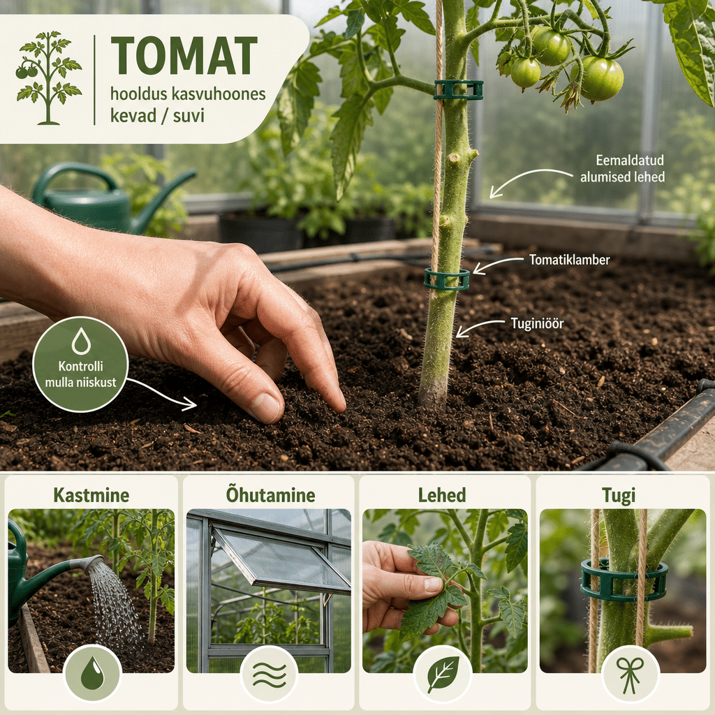 Tomatitaime kastmise ja lehtede kontrolli lähivaade