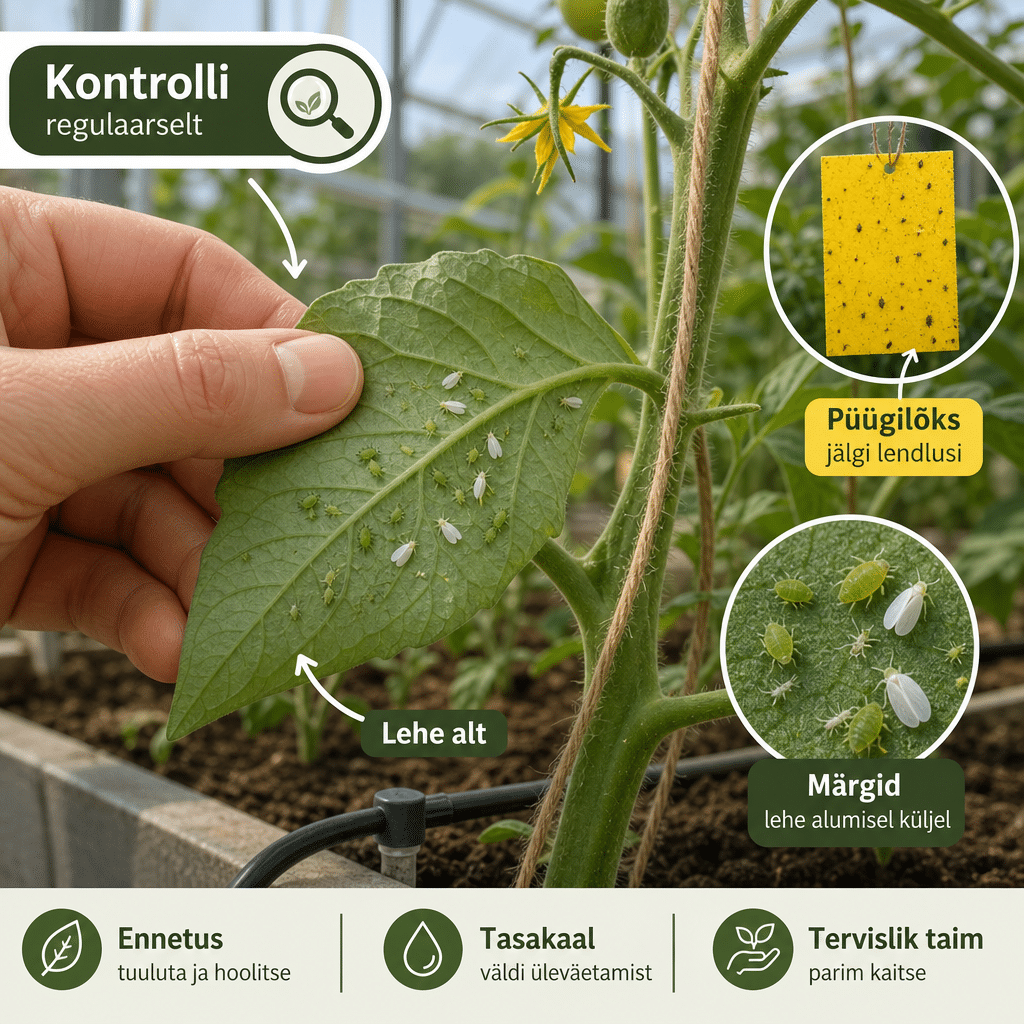 Lehe alakülje kontroll kasvuhoones kahjurite märkamiseks