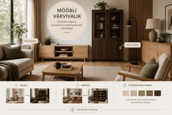 Mööbli värvivalik: hele või tume mööbel? | E-pood Tootemaailm hele ja tume mööbel tasakaalus elutoas