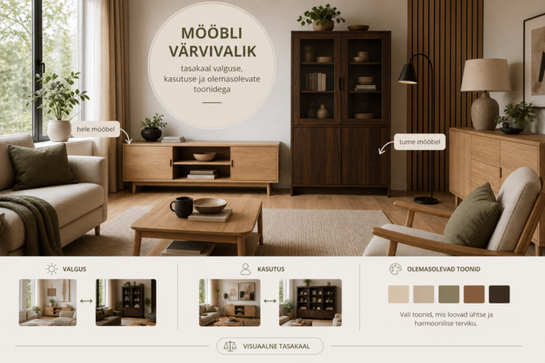 Mööbli värvivalik: hele või tume mööbel? | E-pood Tootemaailm hele ja tume mööbel tasakaalus elutoas