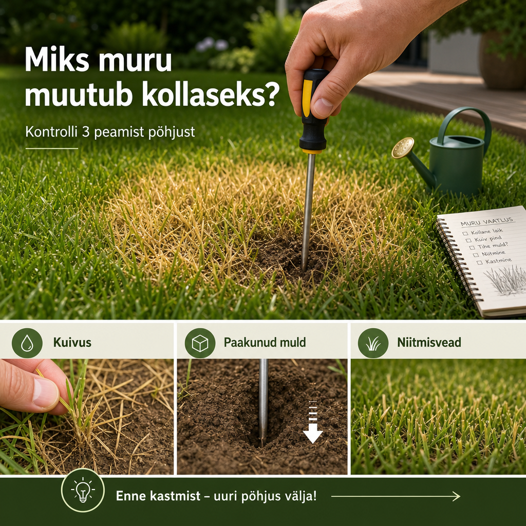 Aednik kontrollib kollase murulaigu juures mulla niiskust