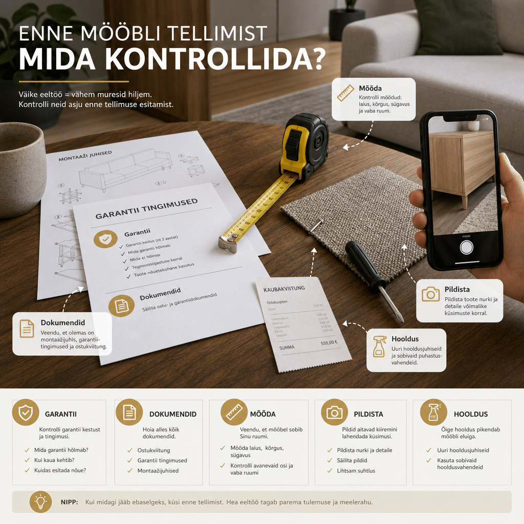 Mööbli ostudokumendid, mõõdulint ja hooldusjuhend laual