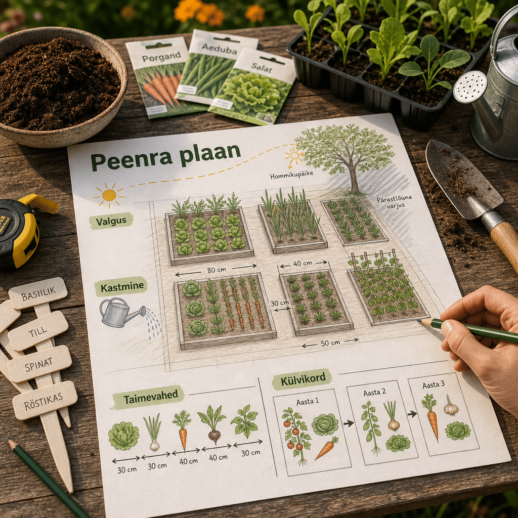 Peenra plaan paberil koos seemnepakkide ja aiatööriistadega