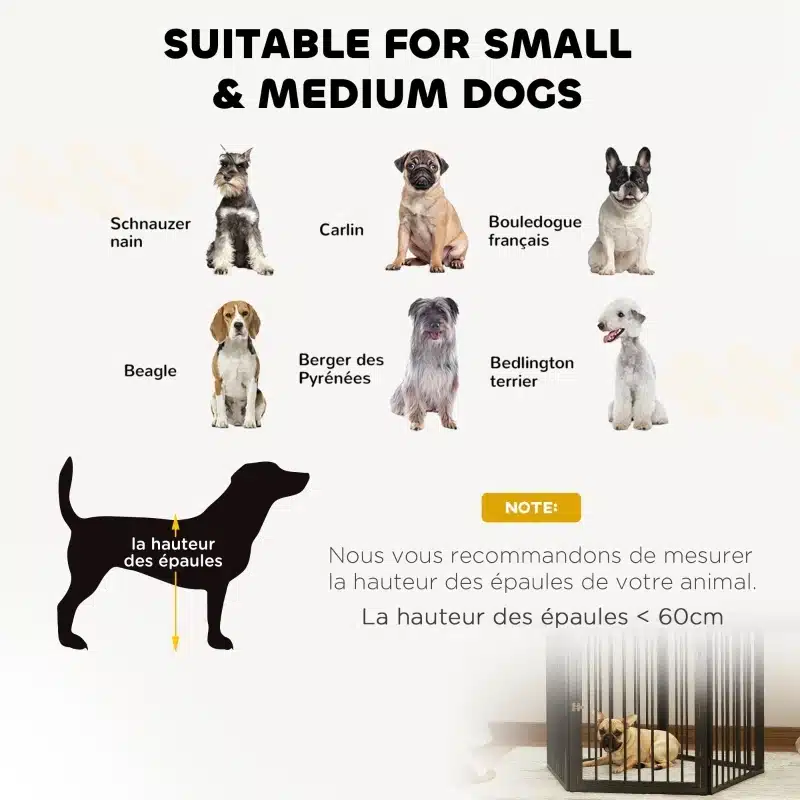 Pilt, kus on kujutatud väikese ja keskmise suurusega koeratõugusid, nagu Schnauzer ja Beagle, ning lemmiklooma aedik kokkupandava turvavõrega must 5-paneeliline. Taustal on juhis, et mõõta looma õlakõrgust.