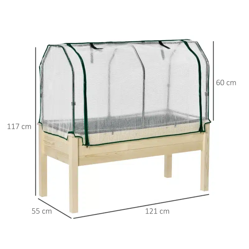 Puidust kõrgendatud peenrakast mõõtudega 121x55x117 cm, millel on läbipaistev rullkate ning stabiilsed jalad. Taust on valge ja keskendub toote omadustele.
