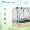 Kõrgendatud peenrakast rullkattega, puidust, 121x55x117 cm | E-pood Tootemaailm Puidust ja rullkattega kõrgendatud peenrakast lillade ja valgete õitega. Peenrakastil on tugev konstruktsioon ja läbipaistev rullkate, mis pakub kaitset ning soodustab taimede kasvu. Pilt esitleb toodet aias kasutamiseks.