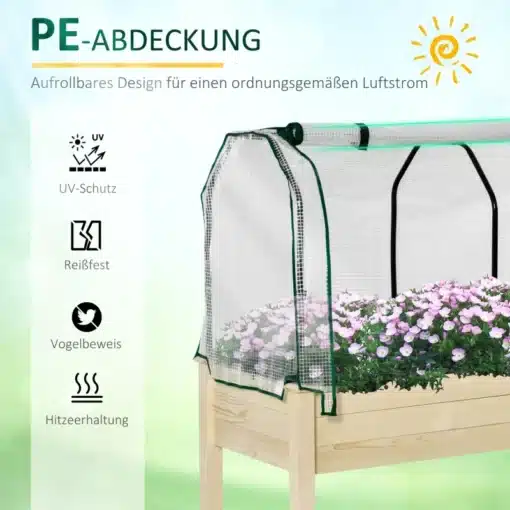 Kõrgendatud peenrakast rullkattega, puidust, 121x55x117 cm | E-pood Tootemaailm Puidust ja rullkattega kõrgendatud peenrakast lillade ja valgete õitega. Peenrakastil on tugev konstruktsioon ja läbipaistev rullkate, mis pakub kaitset ning soodustab taimede kasvu. Pilt esitleb toodet aias kasutamiseks.