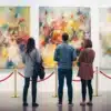 Külaliste piirdepostid punaste sametköiega | E-pood Tootemaailm Kolm külalist seisab abstraktsete kunstiteoste ees kunstigaleriis, mis on eraldatud külaliste piirdepostide ja punaste sametköitega. Kuldsed postid ja punased köied annavad luksusliku ja elegantse atmosfääri.