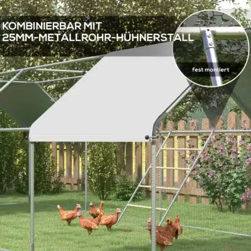 Kanade istumisredel 4 pulgaga, ilmastikukindel teras-puit | E-pood Tootemaailm Roheline aed kanade istumisredeliga, mis on valmistatud ilmastikukindlast terasest ja puidust, millel on neli pulka, taustal puidust tara ja rohelised põõsad.