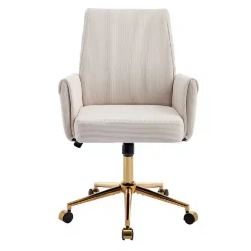 Päärlev kontoritool reguleeritava kõrguse ja ergonoomilise disainiga | E-pood Tootemaailm Elegantne Päärlev kontoritool reguleeritava kõrguse ja ergonoomilise disainiga, beež kangast polster ja kuldne metalne alus, liigenditega ratastega puhtal valgel taustal.