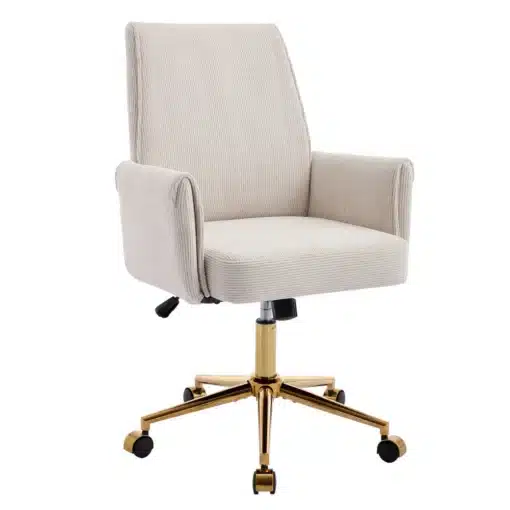 Päärlev kontoritool reguleeritava kõrguse ja ergonoomilise disainiga | E-pood Tootemaailm Päärlev kontoritool reguleeritava kõrguse ja ergonoomilise disainiga, beež kangast istumispind ja seljatugi, kuldse metallist jala ja ratastega. Taust on valge, rõhutades tooli elegantset välimust.
