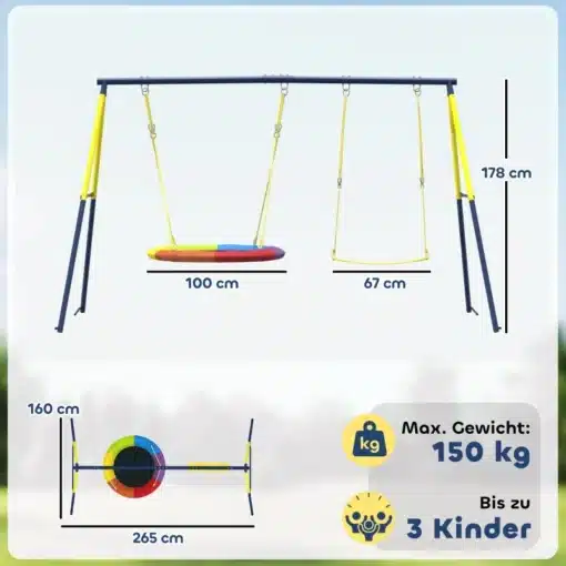 Laste kiigekomplekt pesakiige ja rihmakiigega | E-pood Tootemaailm Laste kiigekomplekt pesakiige ja rihmakiigega koosneb sinisest ja kollasest metallraamist, punasest ja sinisest pesakiigest ning kollasest rihmakiigest. Komplekt on rohelise murutausta taustal, mõõdud on 178 cm kõrgusesse ja 265 cm laiusesse.