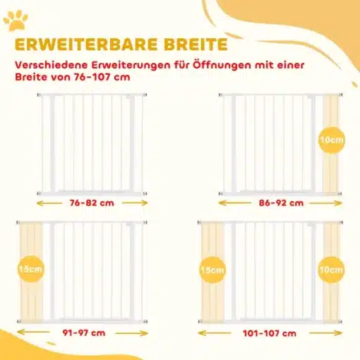 Lemmiklooma turvavärav trepile, metall, valge, 76–107 cm | E-pood Tootemaailm Valge metallist lemmiklooma turvavärav, kohandatav laiuses 76 kuni 107 cm, nelja laiendusega erinevatele kaugustele. Sobib ideaalselt trepile paigaldamiseks.