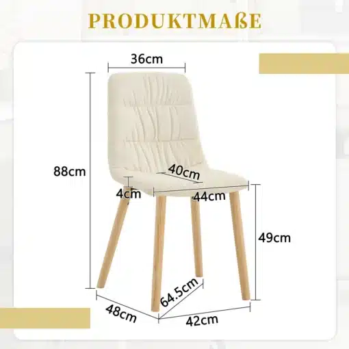 Söögitoolid riidest kangaga, puidust jalad, komplekt 2 tk | E-pood Tootemaailm Söögitool riidest kangaga, naturaalse puidust jalgadega, millel on 36cm laiune ja 88cm kõrge seljatugi, modernne ja minimalistlik disain heledal neutraalsel taustal. Tooli kõrgused ja laiused on selgelt mõõtmetega näidatud.
