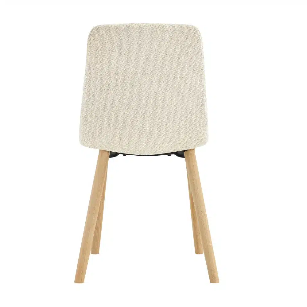 Söögitool, riidest kangaga polsterdatud, heledas toonis, puitjalad, vaade seljatagant, minimalistlik disain.