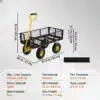 Aiakäru terasest eemaldatavate külgedega. Must metallvõrk, kollased detailid, neli suurt kummiratast. Kandevõime 500 kg. Kaasas eemaldatav kate. Sobib aiatöödeks ja raskete esemete transportimiseks.
