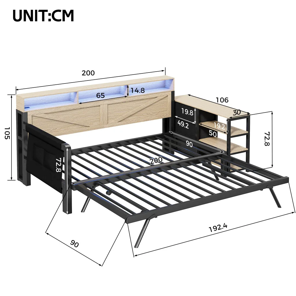 Must metallraamiga diivanvoodi mõõduga 90x200 cm, mille peatoel LED valgus ja USB pesa. Diivanvoodil on lamellrest ja kaasaegne disain.